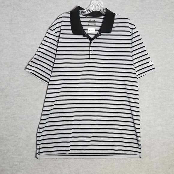 Adidas Men Polo Shirt Large Gray Striped Golf Logo Short Sleeve Polyester Collar - Picture 1 of 8